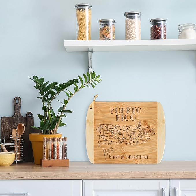 Totally Bamboo A Slice of Life Puerto Rico Engraved Map Cutting Board | 11" x 8.75" charcuterie board with engraved Puerto Rico map. Smooth reverse side for food prep. Hang tie for wall display.