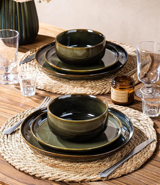 Ceramic Dinnerware Set for 4, 12-Piece Plates and Bowls Set | Handmade Reactive Glaze Dish Set, Scratch Resistant, Oven & Microwave & Dishwasher Safe, Olive Green