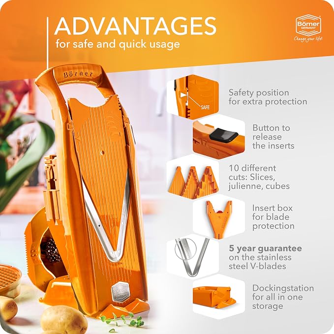 Börner Mandoline Slicer V5 (Professional Set) • Adjustable Vegetable Slicer (7-piece) • 10 Cutting Styles • Kitchen Slicer incl. Docking Station • Stainless Steel V-Blade • Color: Orange