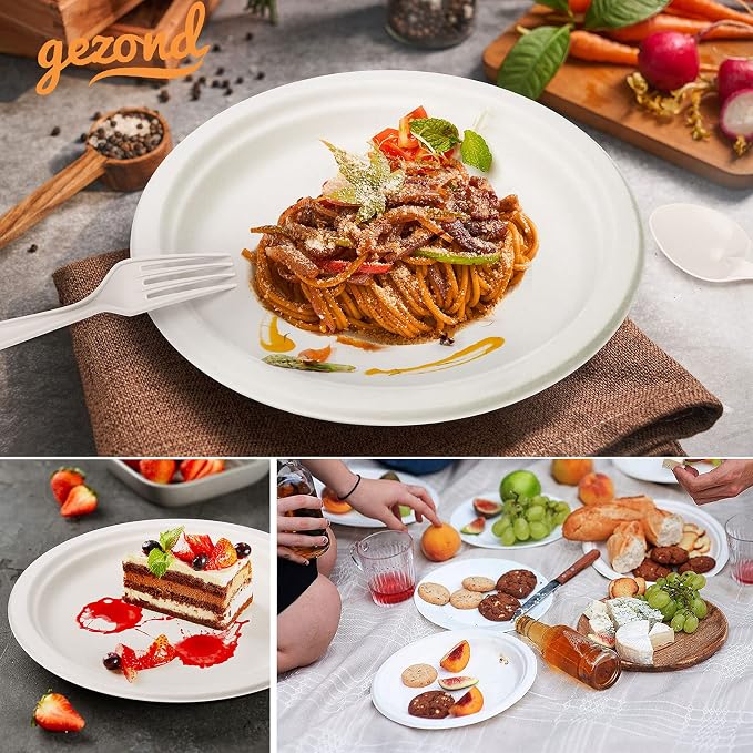 250Pcs Disposable Paper Plates Compostable Plates and Utensils | Eco Friendly Dinnerware Kit Includes 50 Biodegradable Plates, Forks, Knives and Spoons for Brithday Party Camping Picnic