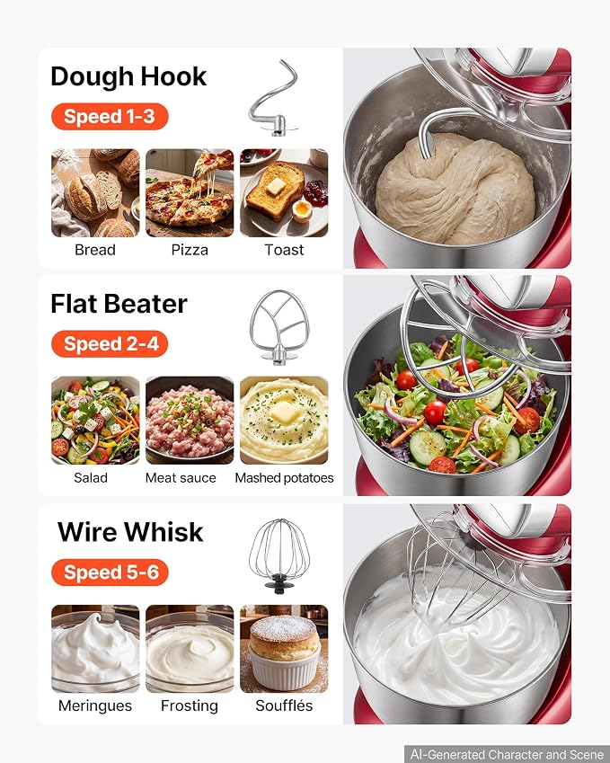 VEVOR 4.2 Qt Tilt Head Stand Mixer 400W Electric Dough Mixer, 6 Speeds Food Kitchen Mixer with Stainless Steel Bowl, Splash Guard, Dough Hook, Whisk, Beater, for Baking Mixing Whipping
