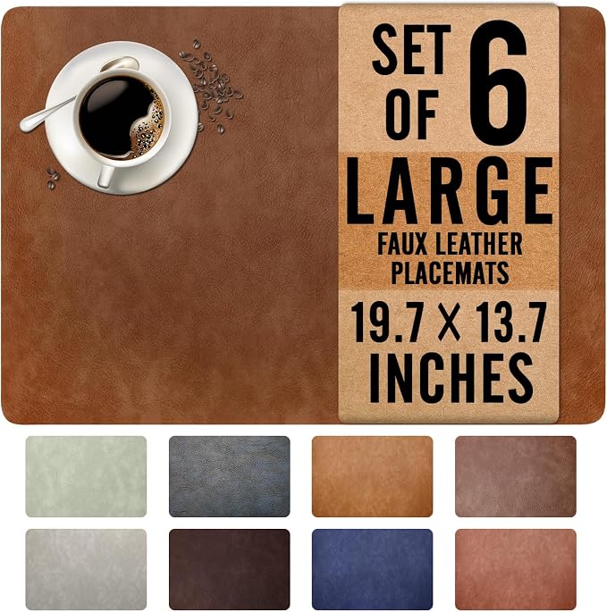 UnivoColors Washed Cowhide Pattern Faux Leather Big Size Placemats Set of 6, Waterproof Easy to Clean Anti-Slip PU Table Mats for Party Decoration19.7″×13.6″,Red Brown Retro Cowhide Pattern
