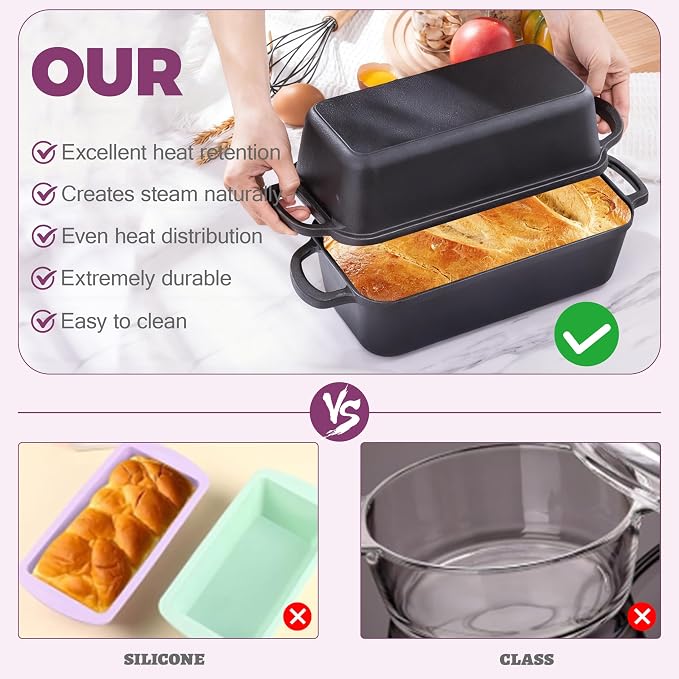 11x5 Inch Cast Iron Loaf Pan with Lid, Sourdough Pan | Large Dutch Oven Bread Loaf Pan for Sourdough, Homemade Bread Baking, Even Heat Distribution, 5.8Qt
