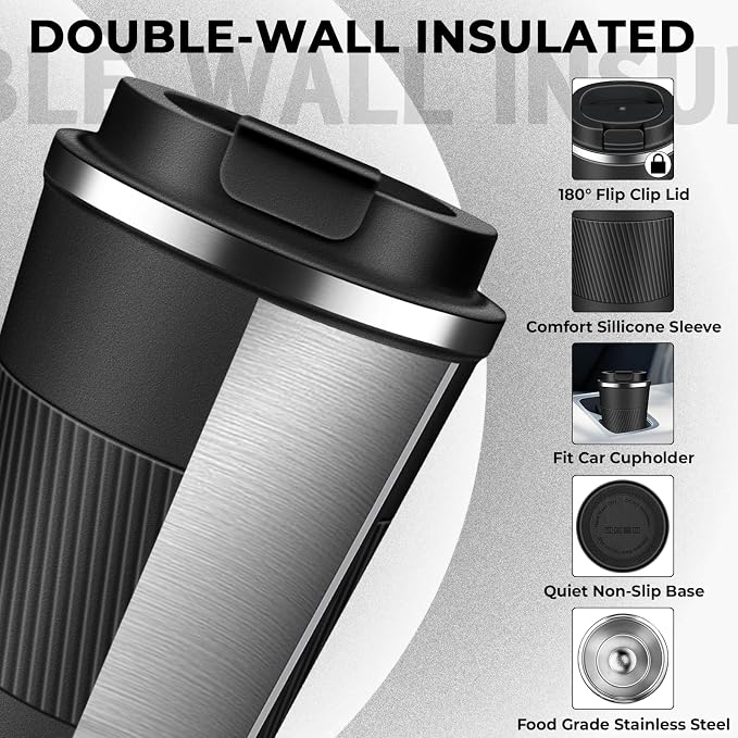 Insulated Coffee Tumbler 17 oz, Stainless Steel Coffee Mug with Lids, Travel Coffee Mug Leak Proof, Double Wall Vacuum Insulated Reusable Coffee Cup, Keep Drinks Hot and Cold (Black, 17 Ounces)