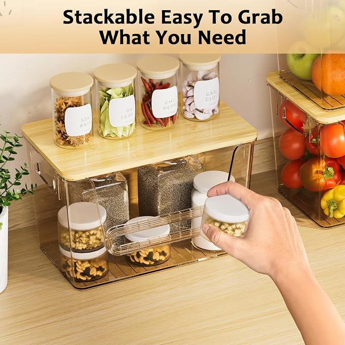 Delamu 2 Set Pantry Organizers and Storage,Trash Bag Dispenser with Bamboo Top,Stackable Trash Bag Dispenser Under Sink Organizer for 4-30 GalBags,Onion,Potato,Fruits,Amber(11-7/32"L*7" W*7-1/8"H)