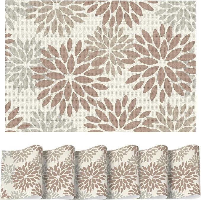Artoid Mode Floral Vinyl Placemats Set of 6, 12x18 Inch Washable Non-Slip Plastic Vinyl Place Mats for Party Kitchen Dining Decor, Brown
