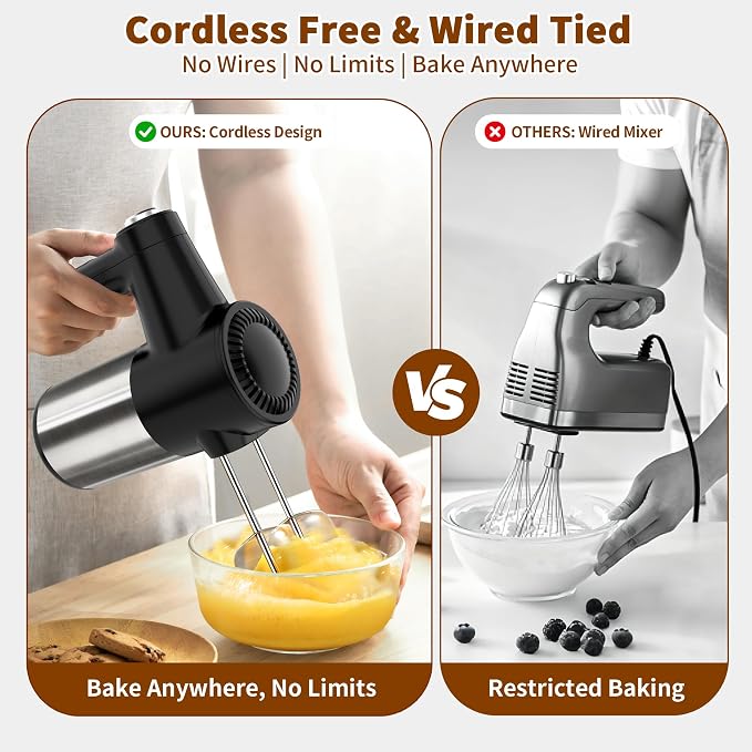 binROC Cordless Electric Hand Mixer, 7-Speed with Storage Base, Black | Rechargeable, Eject Button, Long Battery, Quiet Anti-Splash, 6×304 Stainless Attachments, Self-Stand for Cake, Dough Baking