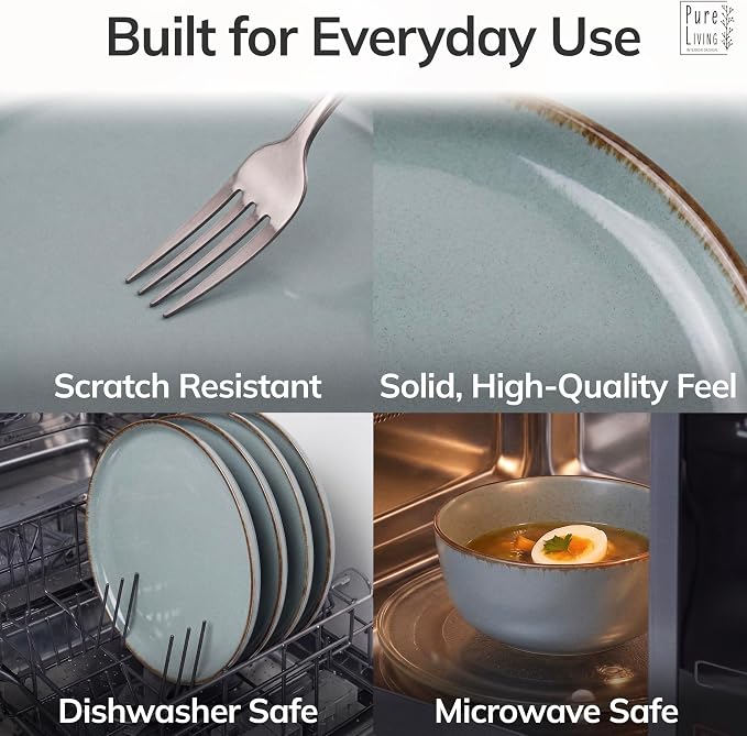 Stoneware dinnerware set 8 persons Rustic 32 pcs - Rustic design dinnerware set, dishwasher safe - Bowl and plate set - Pure Living dinnerware in smoky blue…