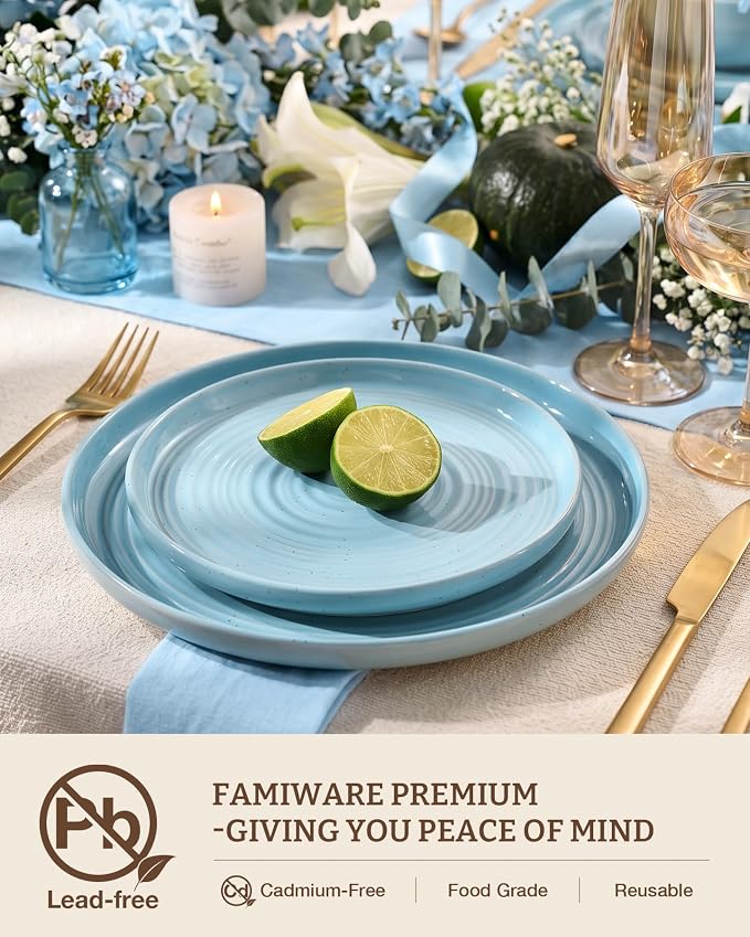 Dinnerware Sets for 8, Ceramic Plates and Bowls, Ice Blue | 24-Piece Ceramic Speckled Spiral Dishes, Chip & Scratch Resistant, Microwave & Dishwasher Safe, Everyday Use, Farmhouse Style