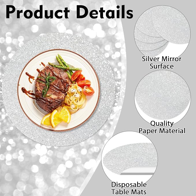 50PCS Silver Glitter Paper Placemats Disposable 13.4 Inch Shiny Round Paper Place Mats Decorative Silver Table Mats for Birthday Wedding Valentine's Day Party Sparkle Dining Tableware