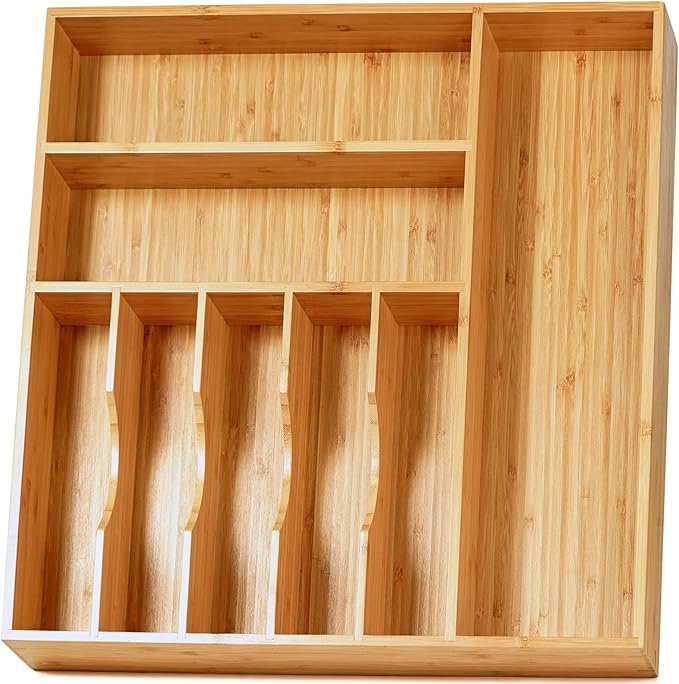 Large Kitchen Drawer Organizer, 19"x19" Silverware Utensils Organizer, 2.5" High for Large Deep Drawers, Bamboo Flatware Holder with Thick Frames, Sturdy Kitchen Organization Tray