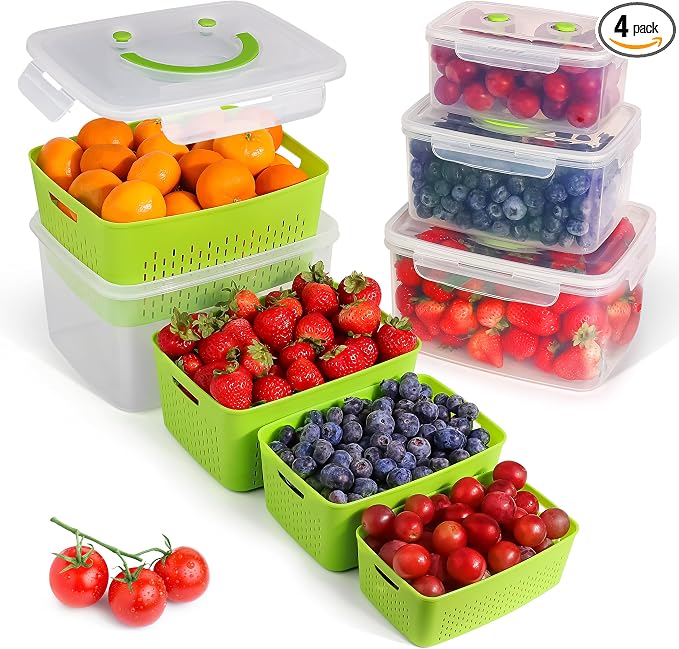 Fruit Storage Containers for Fridge - Set of 4 - Airtight Lid Keeps Fresh - For Fruit & Vegetable Storage - Space-Saving Design - Ideal for Produce, Berries, Snacks - Green