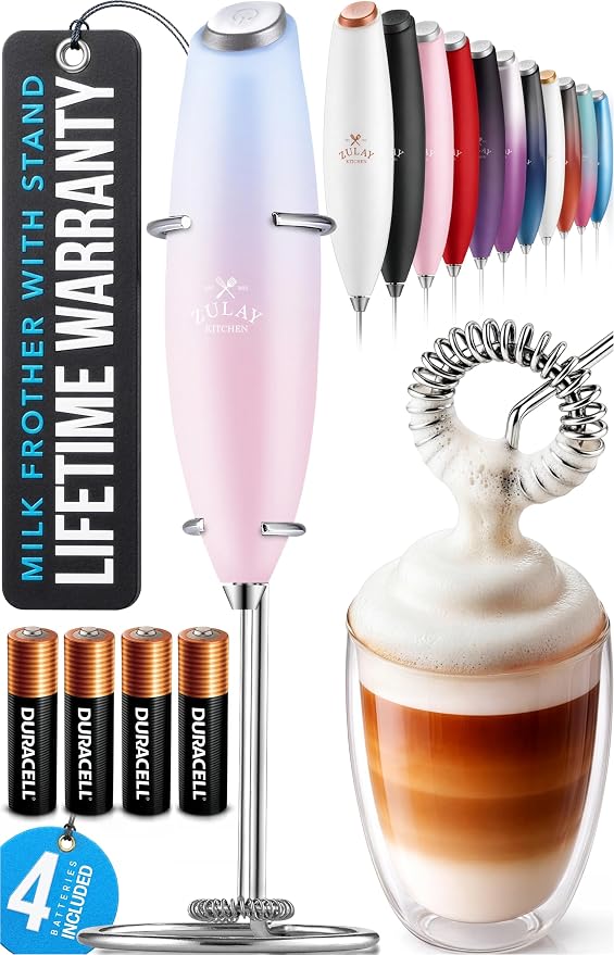 Zulay Kitchen Powerful Milk Frother Wand With Duracell Batteries - Ultra Fast Handheld Drink Mixer - Electric Whisk Foam Maker for Coffee, Lattes, Cappuccino & Matcha - Z1 Motor - Lavender