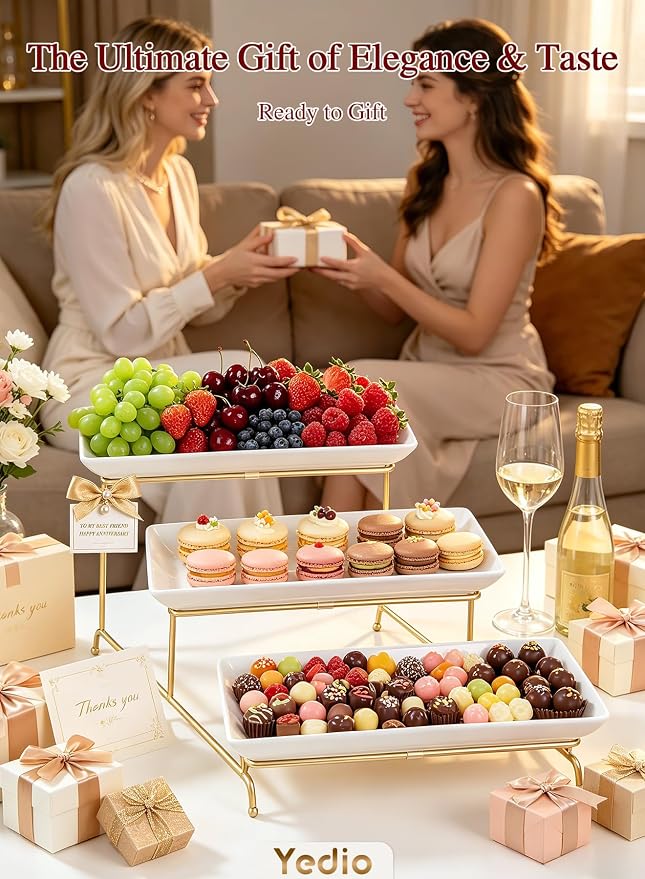 3 Tier Serving Tray Set 14 Inch Porcelain Tiered Serving Platters, Collapsible Sturdier Stand with Stable Cross Bars, Three Layer Serving for Party Entertaining Food Display Fruit Dessert
