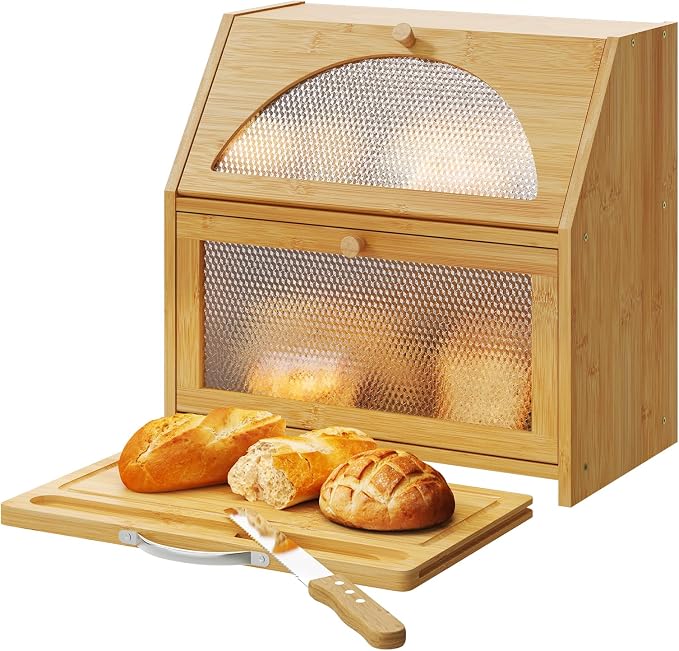 STDDRE Double Layer Bamboo Corner Bread Box with Cutting Board(Natural) | Extra-large capacity. Double Layer Bread Storage Bin with Door Panel for Kitchen Counter.for kitchen counter