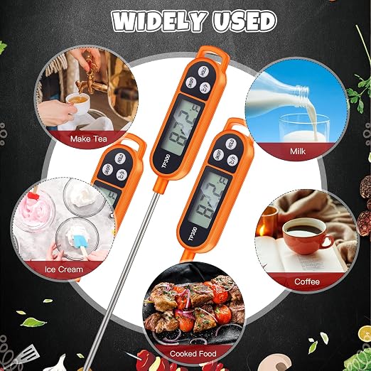 Instant Read Meat Thermometer with Long Probe 9.65 Inch Kitchen Cooking Food Candy Waterproof Digital Thermometer for BBQ Water Milk Yogurt Liquid(Orange,6 Pcs)