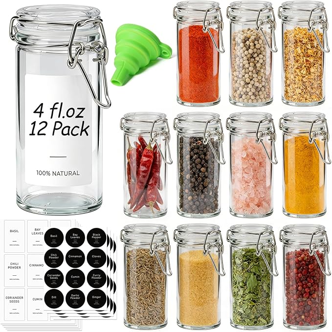 ComSaf Small Glass Spice Jars with Airtight Lids 4 oz 12 Pack with Labels | Seasoning herbs powders, Salt pepper chili, Spice rack cabinet organization, Small size, Funnel included, DIY crafts gifts