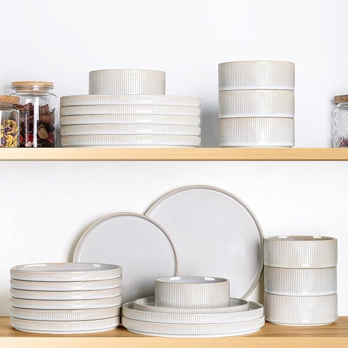 Ceramic Dinnerware Set for 8, 24-Piece Plates and Bowls Set | Lightweight Porcelain Dish Set, Scratch Resistant, Oven & Microwave & Dishwasher Safe, Reactive White