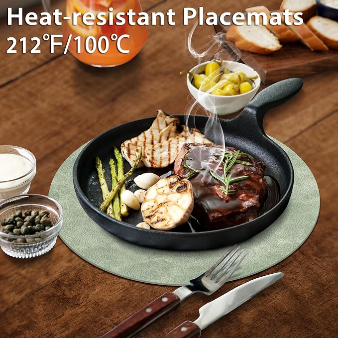 ADRIMER Placemats, Heat Resistant Round Placemats Set of 8 Washable, Waterproof Table Mats, Wipeable Faux Leather Place Mats for Kitchen, Dining Room, Green
