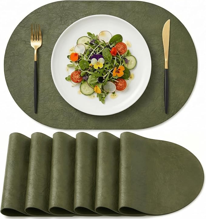 Artoid Mode Olive Green Faux Leather Oval Placemats Set of 6, 12 x 18 Inch Waterproof Wipeable Heat Resistant Vinyl Place Mats, Reversible Table Mats for Kitchen Dining Decor