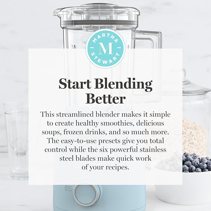Martha Stewart 50oz Countertop Blender, 3 Speeds, 5 Presets, Sky Blue | BPA-Free Pitcher, Smoothies, Margaritas, Milkshakes & Ice Crushing, Stainless Steel Blades, Auto-Clean, Dishwasher-Safe Parts