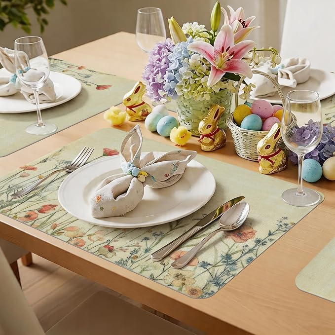 Vinyl Placemats Set of 4-12x17 Inch - Heat Resistant Washable Place Mats Waterproof Non-Slip Wipeable Table Mats for Dining Table Decor, Spring Outdoor Plastic Placemat