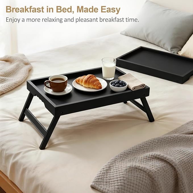 Large Bamboo Bed Tray Tables with Folding Legs, 3 Pack, Black | 3 large black bamboo bed trays with folding legs, raised edges and side grips for meals, laptops, snacks and serving.