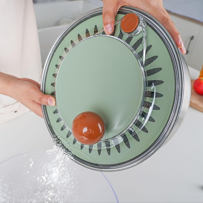 Stainless Steel Salad Spinner, 5.3 Qt Lettuce Spinner with Non-Slip Base, Drain and Stop Button, Fruit and Vegetable Washer and Dryer Spinner, Green