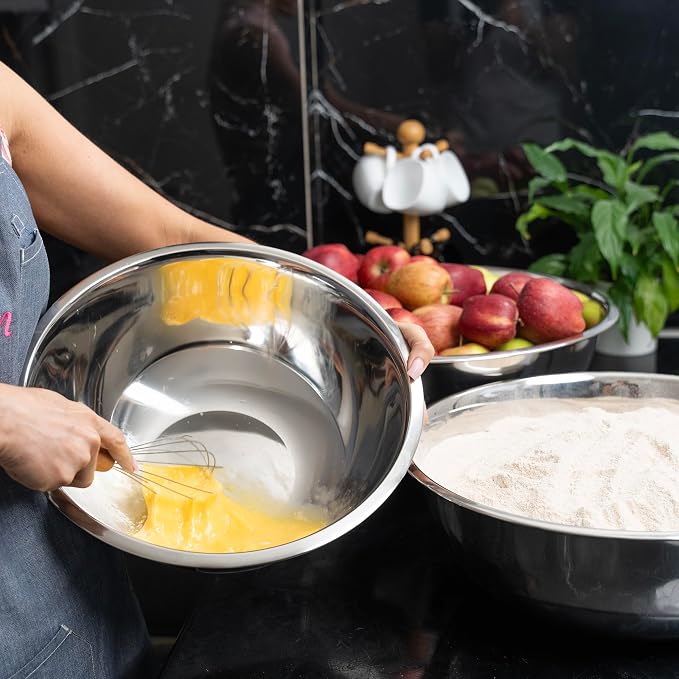 5 Quart Large Stainless Steel Mixing Bowls Set, 3-Pack, Nesting Bowls | Extra Large Commercial Grade Metal Bowls for Meal Prep, Baking, Serving, Food Storage. Rustproof & Dishwasher Safe