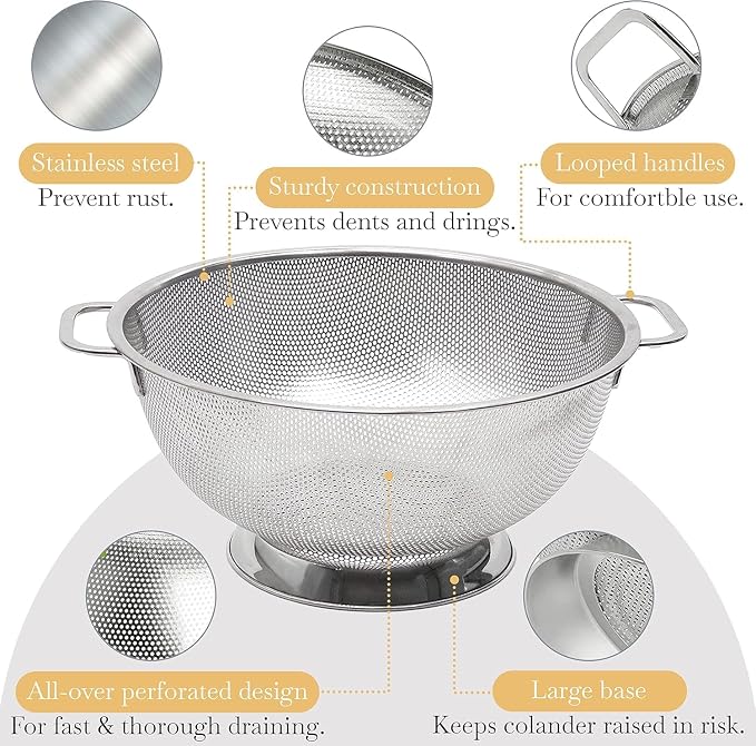 Bellemain Stainless Steel Colander for Kitchen, 5 Qt Pasta & Rice Strainer | Durable Highest Grade Premium Steel, Dishwasher Safe and Odor resistant Food Strainer, Lightweight Looped Handles
