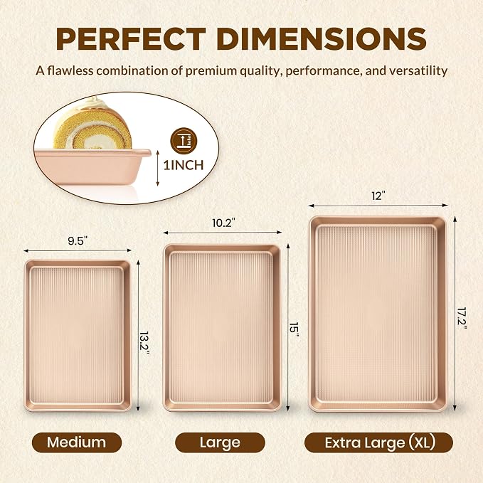 Saker 3-Piece Heavy Duty Carbon Steel Baking Sheets Set,Non-Stick Cookie | | Oven Safe, Even Heating, for Baking, Roasting, Cooking – Professional Grade (Champagne Gold)