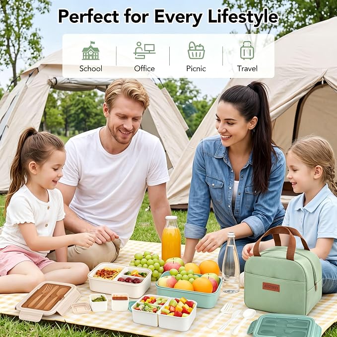 Bento Box 1100ml Lunch Container with Bag & Utensils & 2 Storage Bags Green | Leakproof, microwave safe, BPA-free. Includes insulated bag, fork & spoon, sauce cup, and 2 reusable storage bags for snacks
