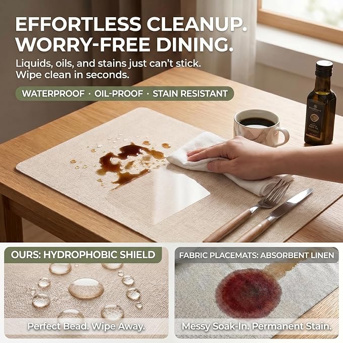 Faux Leather Placemats Set of 4, Wipeable Waterproof Stain Resistant Table Mats, Heat Resistant Thick Placemats with Hand-Painted Edges for Kitchen Dining, Imitative Linen Texture, Various Shapes