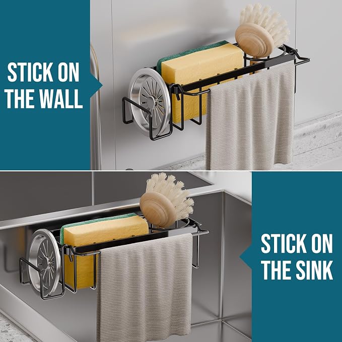 TAILI 4-in-1 Sponge Holder for Kitchen Sink with Strong Suction Cup-Black | Removable Rustproof 304 Stainless Steel Multi-compartment Sponge Holder with Suction Cup, Keeps Brushes & Scrubbers Tidy