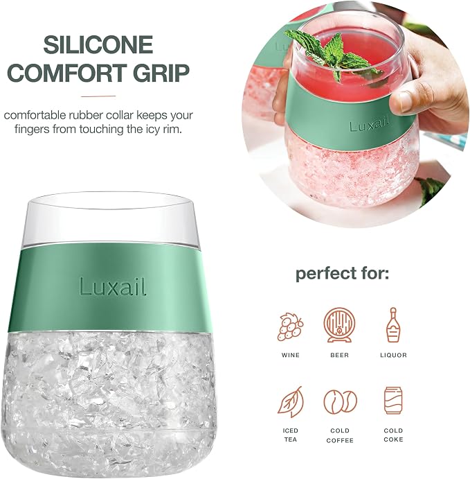 luxail Wine Glasses, Plastic Wine Glasses Set of 2, Wine Gifts, Double Wall Insulated Freezer Tumbler, Stemless Freezer cups for Red and white Wine, 8.5 Oz, Sage Green