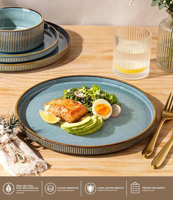 GBHOME Stoneware Dinnerware Sets for 4, 12-Piece Plates and Bowls Set | Handmade Reactive Glaze Ceramic Dish Set, Scratch Resistant, Dishwasher&Microwave Safe,Space Blue