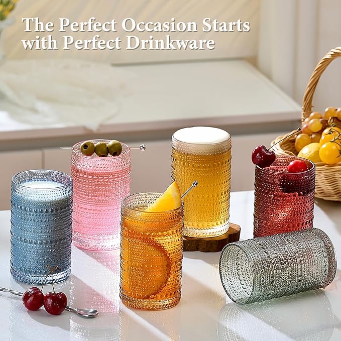 Colored Hobnail Drinking Glasses Set of 6, 12oz Vintage Kitchen Glassware, Embossed Beaded Glass Cups, Water Glasses, Colorful Water Tumbler for Cocktail, Juice, Various Mixed Drink (Dishwasher Safe)