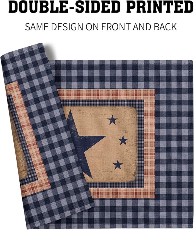 Western Placemat Set of 4 Primitive Stars Linen Washable Place Mat 18 x 12 Inch Navy Blue Red Classic Buffalo Plaid Decorative Farmhouse Country Desktop Decor Table Mat for Party Dining Kitchen Indoor