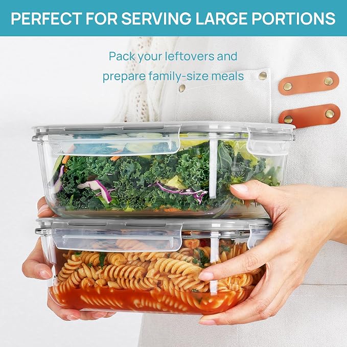 Vtopmart 2Pack 1860ml/63oz Large Glass Storage Containers With Lids, Grey | Meal Prep Food Container Set with Snap Airtight Lid, For Baking, Microwave, Oven, Leak Proof, Freezer, Dishwasher, BPA Free