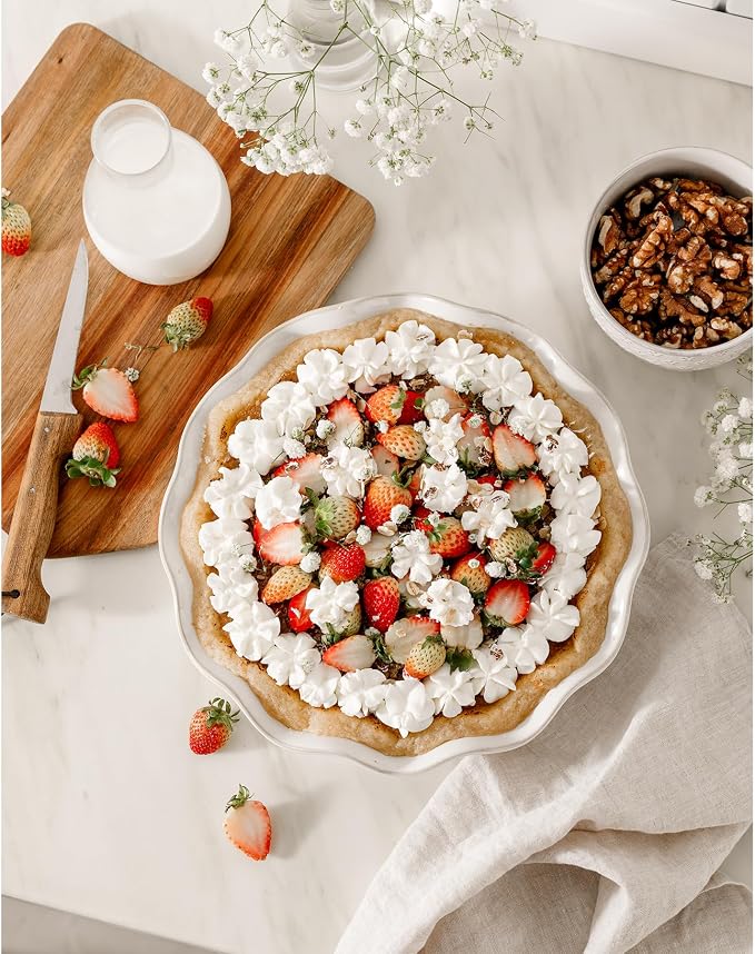 Ceramic Deep Pie Pan for Baking, 11 inch Porcelain Pie Plate for Apple Pie, Oven & Dishwasher Safe, Farmhouse Decor, 48 Ounce Deep Plate for Kitchen, Non-Stick Pie Dish, Embossed Flower