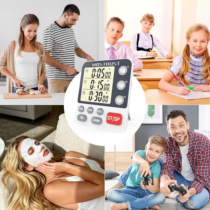 Digital Dual Kitchen Timer, Multiple Channels Countdown Timer | 3-Groups Triple Timer with Magnet-Back Memory-Preset Large Display Adjustable Volume, 3A Battery Included, Ideal for Cooking