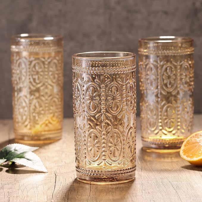 Darlion Amber Drinking Glasses, Vintage Glassware, 12oz Highball Glasses | Lead-Free Glass, Food Grade Glass, Durable&Sturdy, Vintage Decoration