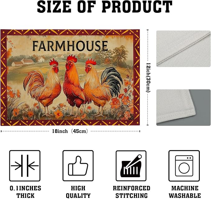 Farmhouse Rooster Placemats Set of 4 Vintage Chicken Farm Table Mats Rustic Country Style Heat Resisting Non-Slip Place Mat for Home Party Indoor Kitchen Dining Table Decoration 12x18 Inch