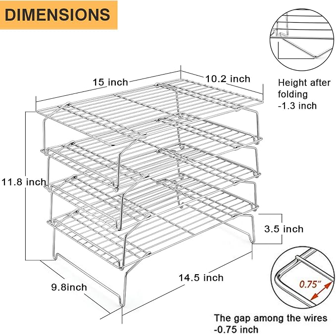 P&P CHEF 4-Tier Cooling Rack Set, Stainless Steel Stackable 15" x 10" Rack | Baking Cooking Racks for Cooling Roasting Cooking, Raised & Folding Feet, Oven Safe & Easy Clean, Silver