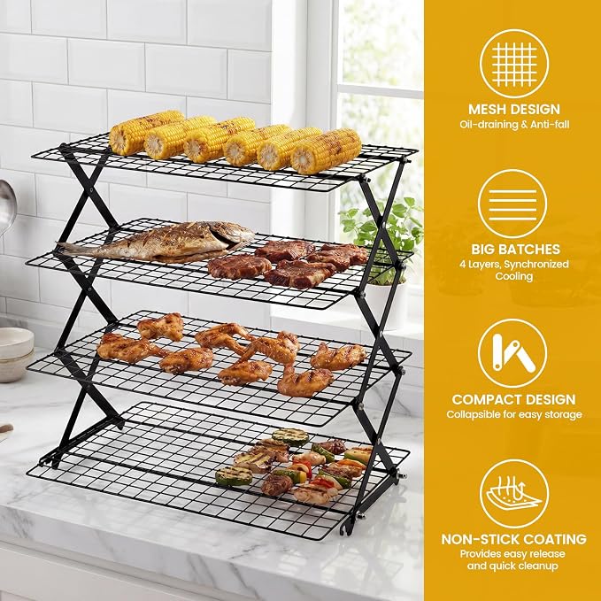 4-Tier Upgraded Collapsible Cooling Rack with Adjustable Setting Design,Cooking Drying Wire Cooling Rack for Baking, Cookies, Cake, Roasting, Grilling