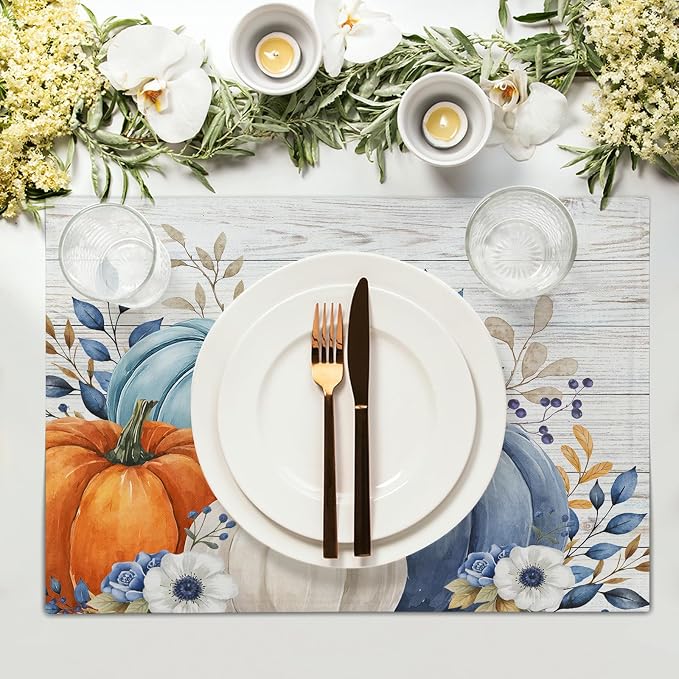 Thanksgiving Placemats Set of 4 18x12 Inch Fall Blue Pumpkin Linen Place Mats Heat-Resistant Washable Wipeable Autumn Leaf Floral Wood Grain Table Mat for Party Kitchen Dining Room Dinner Table Decor