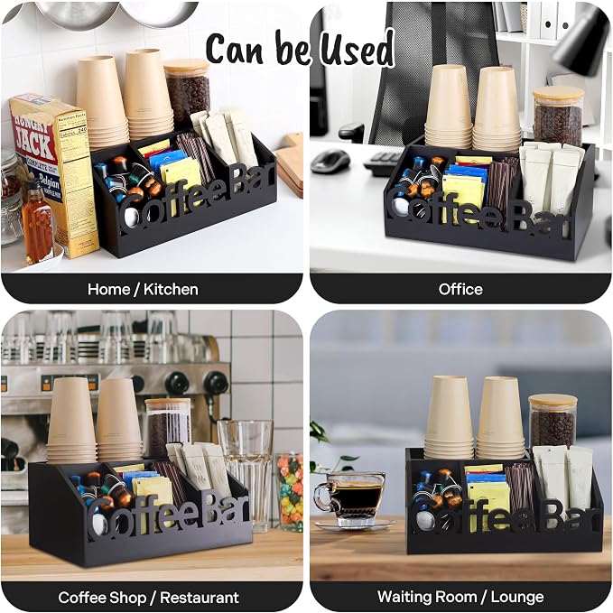 Coffee Bar Organizer Countertop, Wood Tea & Coffee Pod Station Caddy, Black | Tea Bags, Coffee Pods, Cups & Condiments