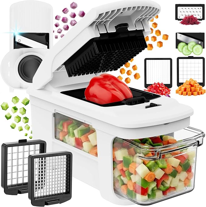 Fullstar Pro XL Vegetable Chopper & Mandoline Slicer w Pull-Out Catch Tray | 4 in 1 Veggie, Onion & Fruit Slicer, Dicer & Grater with Sharp Stainless Steel Blades - XL Food Prep Set (White)