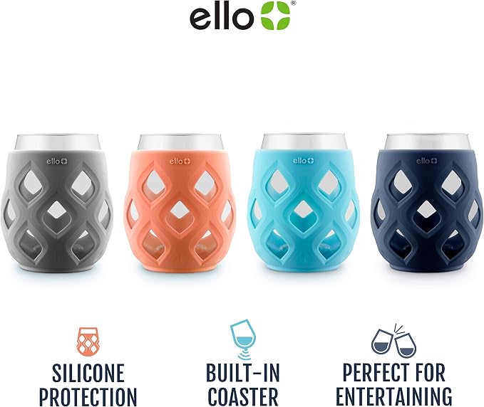 Ello Cru 17oz Stemless Wine Glass Set with Protective Silicone Sleeves, 4 Pack Cocktail Glass Perfect for Summer Patios and Parties Holiday Gifting Her Him Mother's Day, Dishwasher Safe, Cosmos