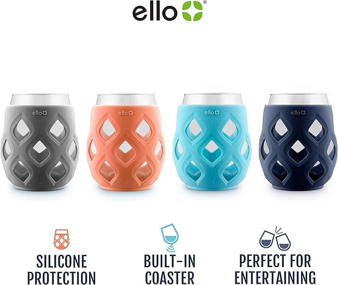 Ello Cru 17oz Stemless Wine Glasses with Silicone Sleeves, 4 Pack, Paloma | Set of wine glasses with silicone sleeves. No-stem, BPA-free, dishwasher safe, ideal for patios, parties, and BBQs.